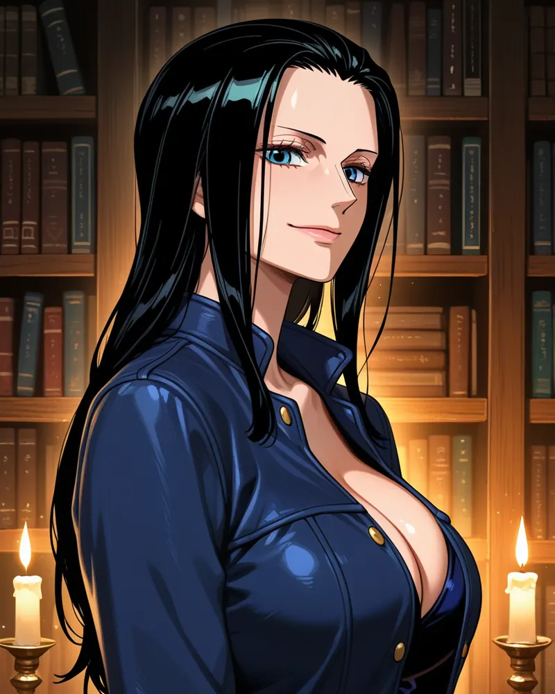 Nico Robin AI art: Robin in a dark blue jacket, glancing over her shoulder in a candlelit library