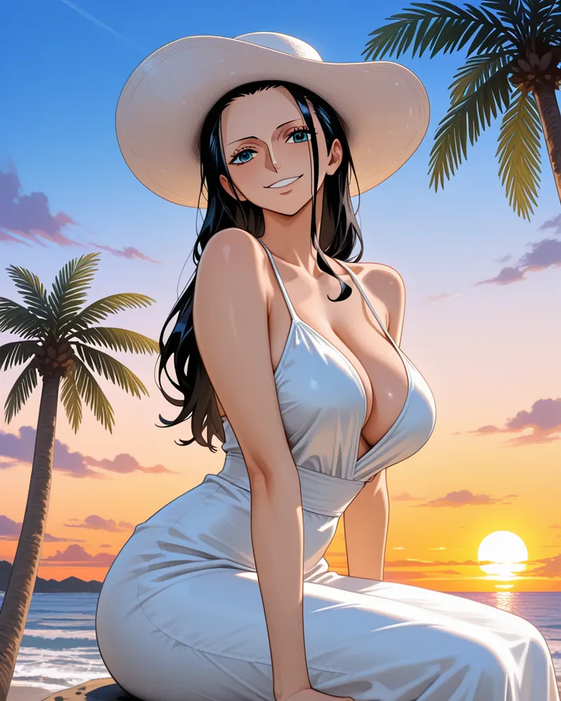 Nico Robin AI art: Robin in a white sun hat and white sundress, sitting by the sea at sunset between palm trees