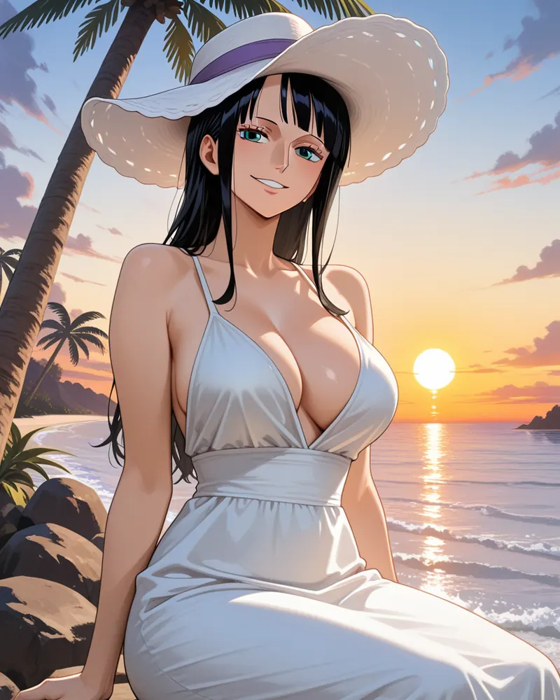 Nico Robin AI art: Robin with bangs, a white sun hat with a purple band and a white sundress, sitting on rocks by the sea at sunset