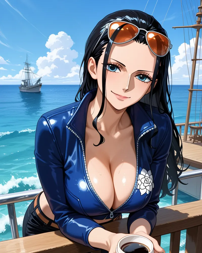 Nico Robin AI art: Robin leaning on a ship’s rail in a blue zip jacket, sunglasses in her hair, a cup of coffee in hand